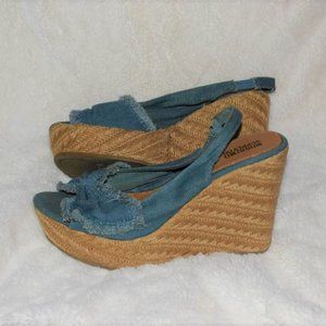 Mossimo Retro 70's Blue Denim Bow Heels Wedges Espadrilles Size 9 Hippie Shoes